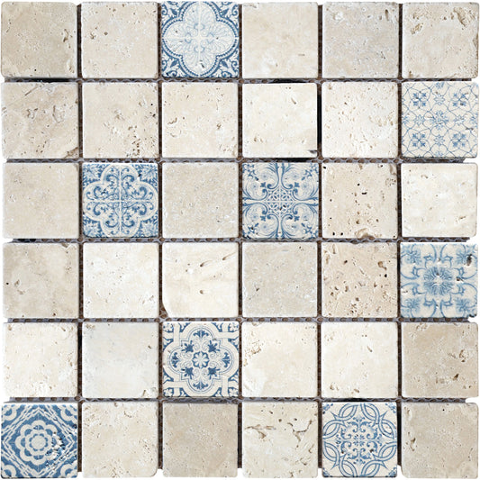 Mosaïque renaissance travertin ivoire blue